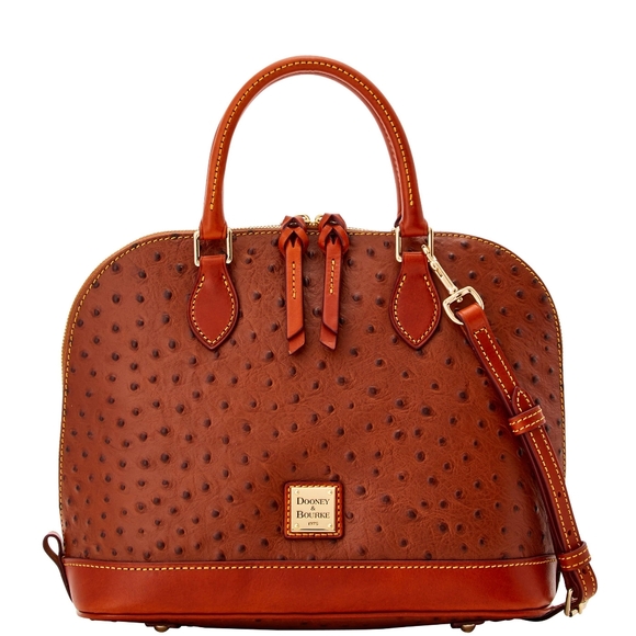 NWT Dooney and Bourke Ostrich Zip Zip Satchel Embossed Leather Cognac Purse - Picture 1 of 8